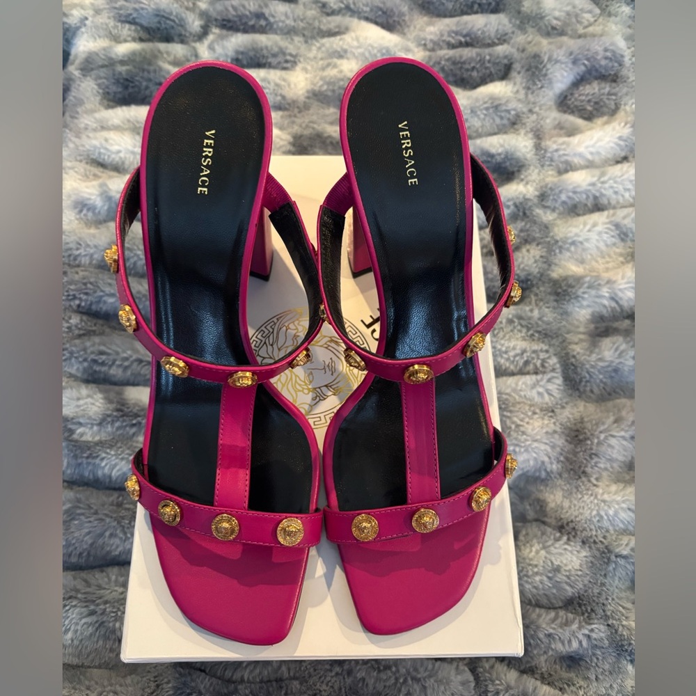 Versace Fuchsia and Gold Heeled Sandals